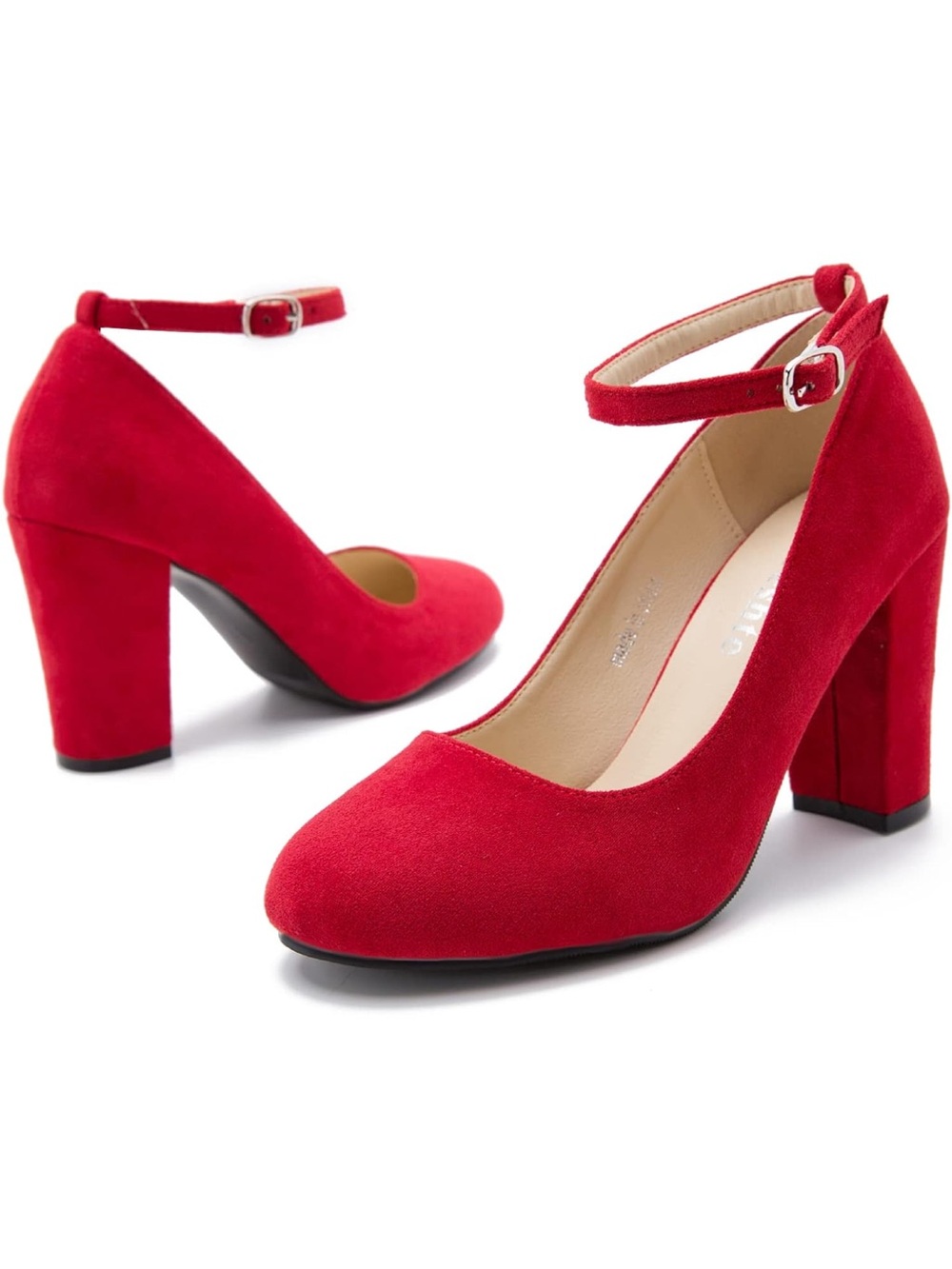 Red Suede Ankle-Strap Block Heels Womens